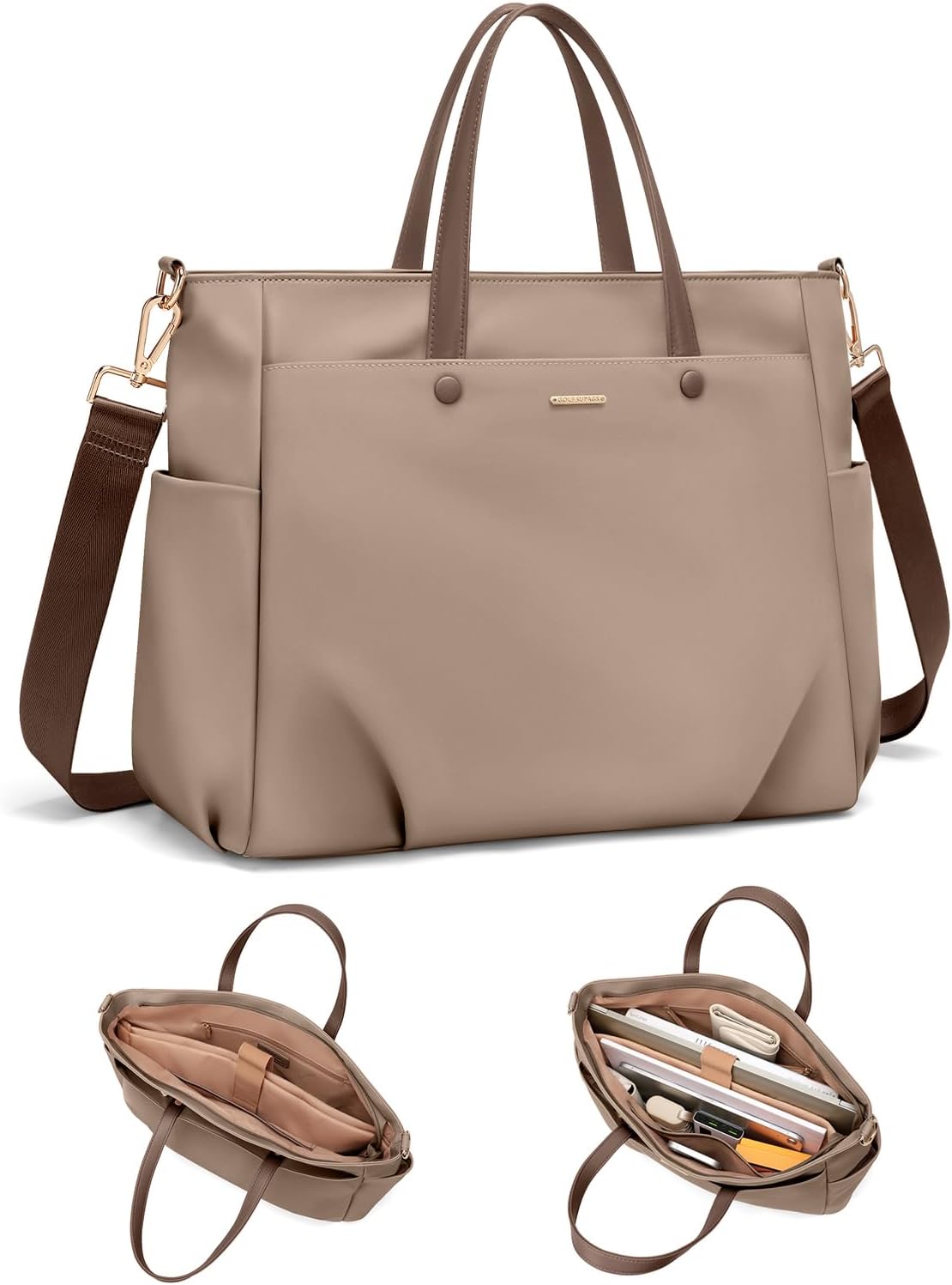 Laptop Tote Bag 15 Inch, Computer Shoulder Bag Large Work Tote Bag for Women, Laptop Carrying Case Stylish Handbag for Business Travel (Champagne)