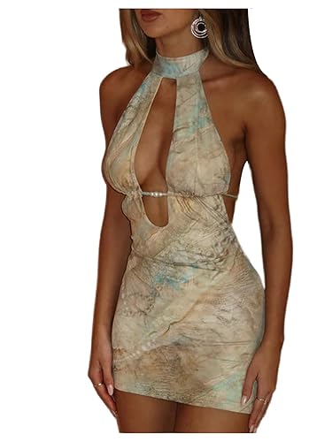 Floerns Women's Summer Halter Dress Tie Dye Cut Out Date Night Bodycon Mini Dresses - Small - Khaki