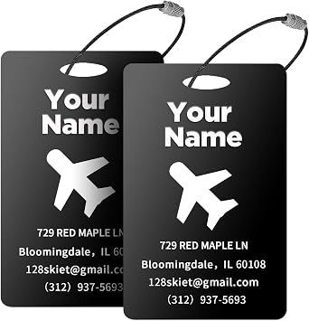 Personalized Luggage Tags for Suitcases, Metal Custom Baggage Tags with Holders, Engraved Stainless Steel Tag for Cruise Travel, Initial Name Bags and Backpacks Tags with Leather Loop Black