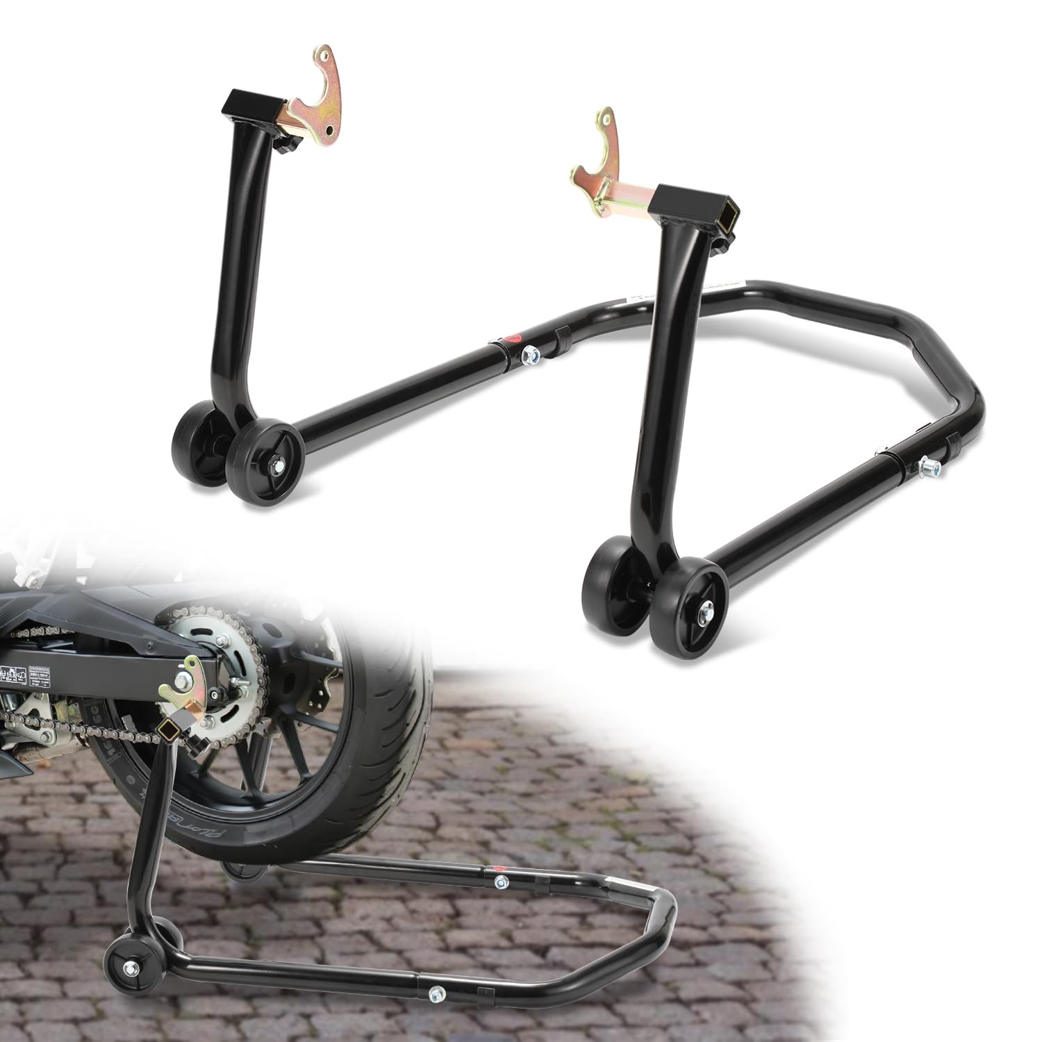 Ikodm Soporte de montaje para motocicleta, elevador trasero de motocicleta, soporte de elevación, ancho ajustable, trabajos de mantenimiento/montaje para motocicletas de hasta 300 kg, color negro