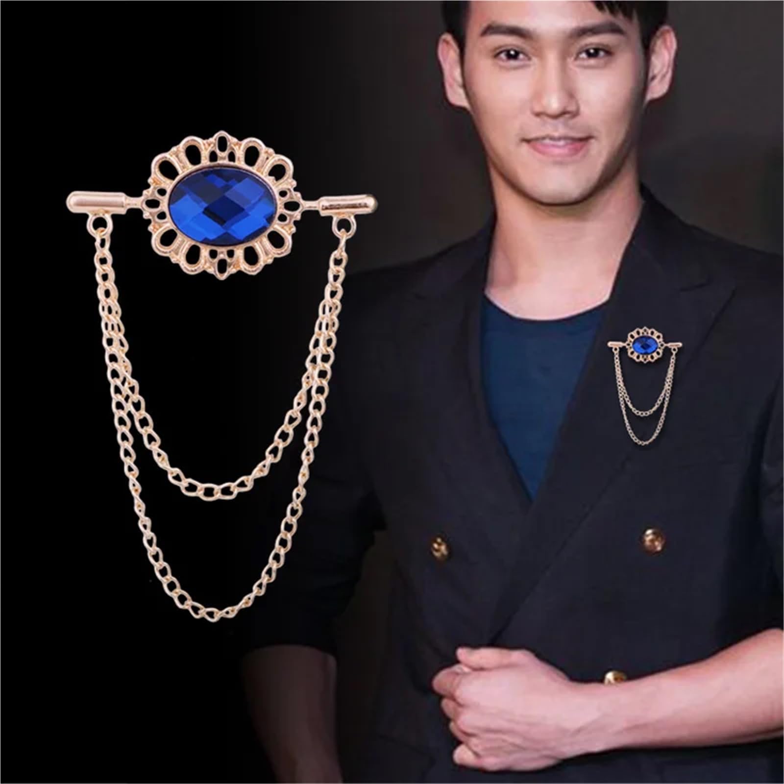 Cadena para broche, Broche vintage con borlas y cadena ovalada de diamantes imitación para hombre broche hebilla para solapa mujer traje camisa ropa