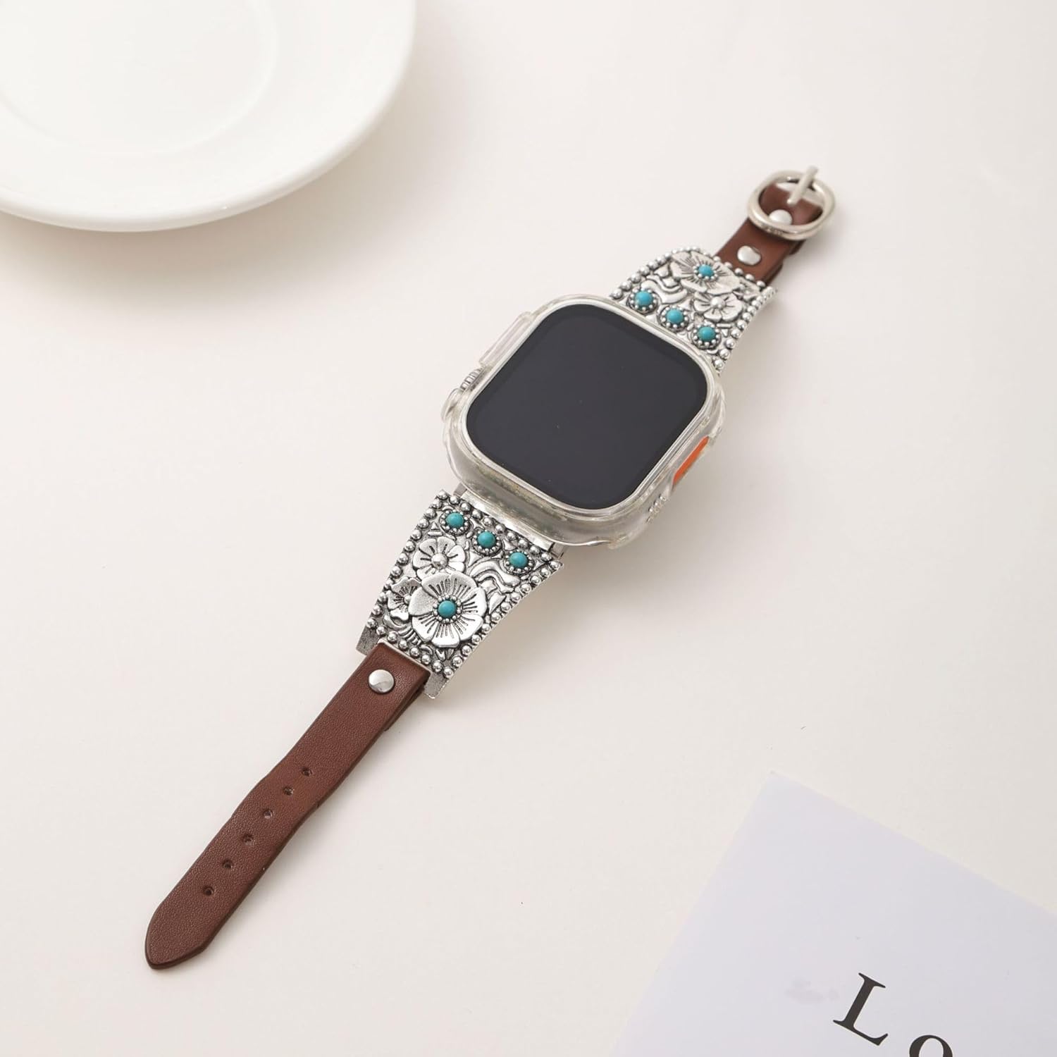 ADAJURI Vintage Turquoise Leather Strap Watchband Compatible With iWatch For Women and Men | Boho Antique Turquoise Ethnic Jewelry Strap for Smart Watch Series Ultra 2 SE