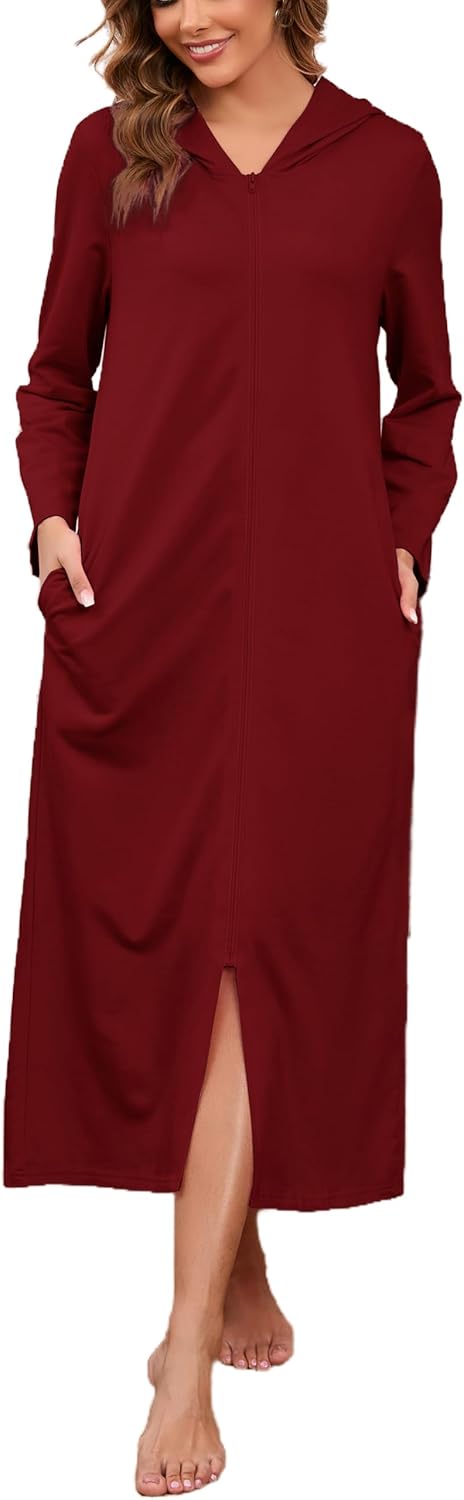 HALCYEEN Womens Hooded Zipper Bathrobe Long Sleeve House Coat Full Length Nightgown with Pockets S-XXL