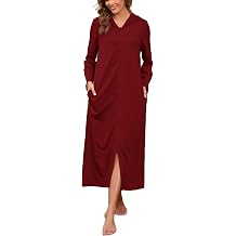 HALCYEEN Womens Hooded Zipper Bathrobe Long Sleeve House Coat Full Length Nightgown with Pockets S-XXL