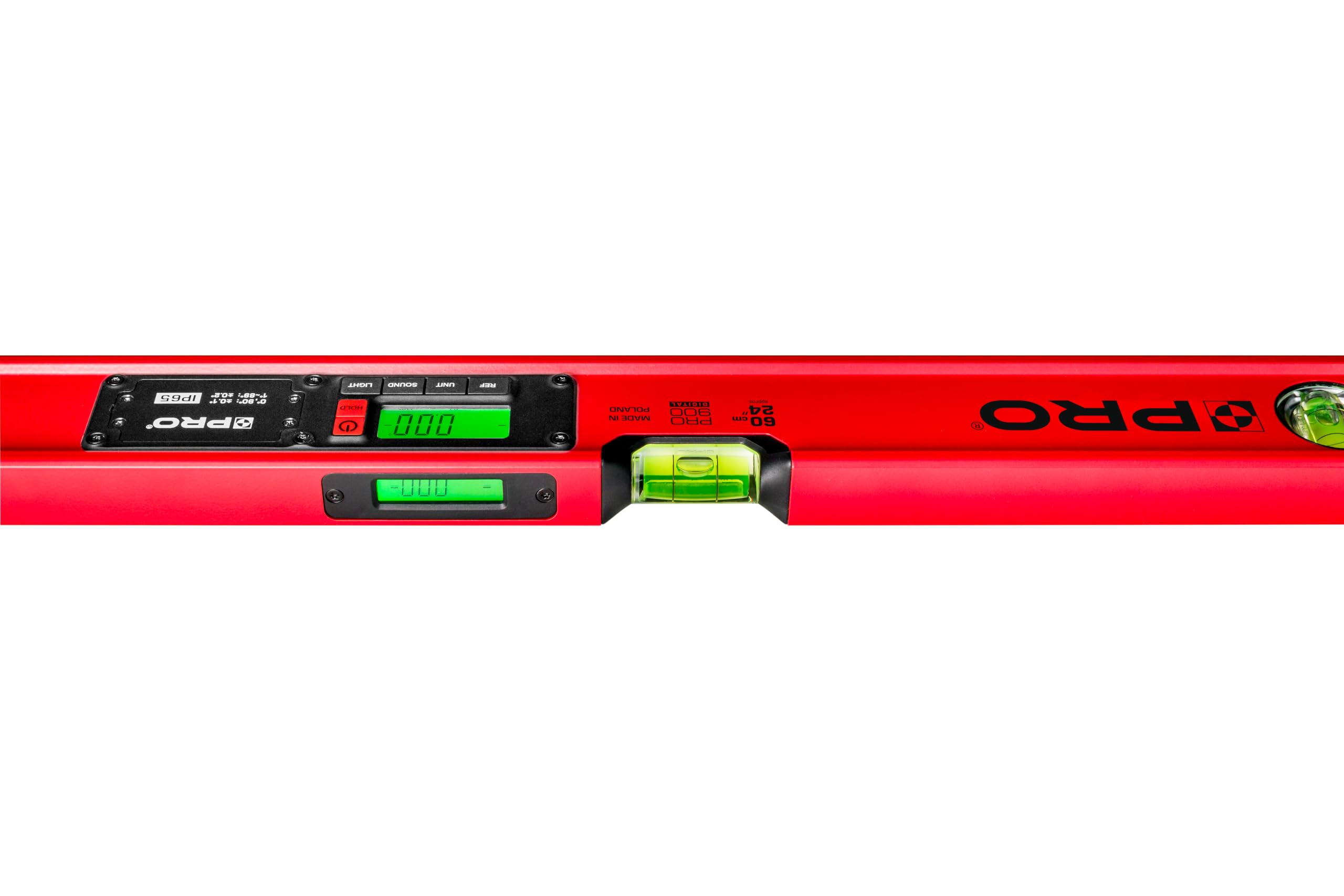PRO900 Niveau Electronique 60cm avec 2 écrans LCD et pochette - Niveau à bulle numérique avec mémoire de mesure jusqu'à 19 résultats - Indice de protection IP65 - Couleur Rouge
