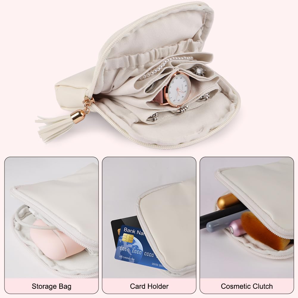 Pochette Bijoux Portable Multifonction Beige, Boîte à Bijoux de Voyage avec Franges