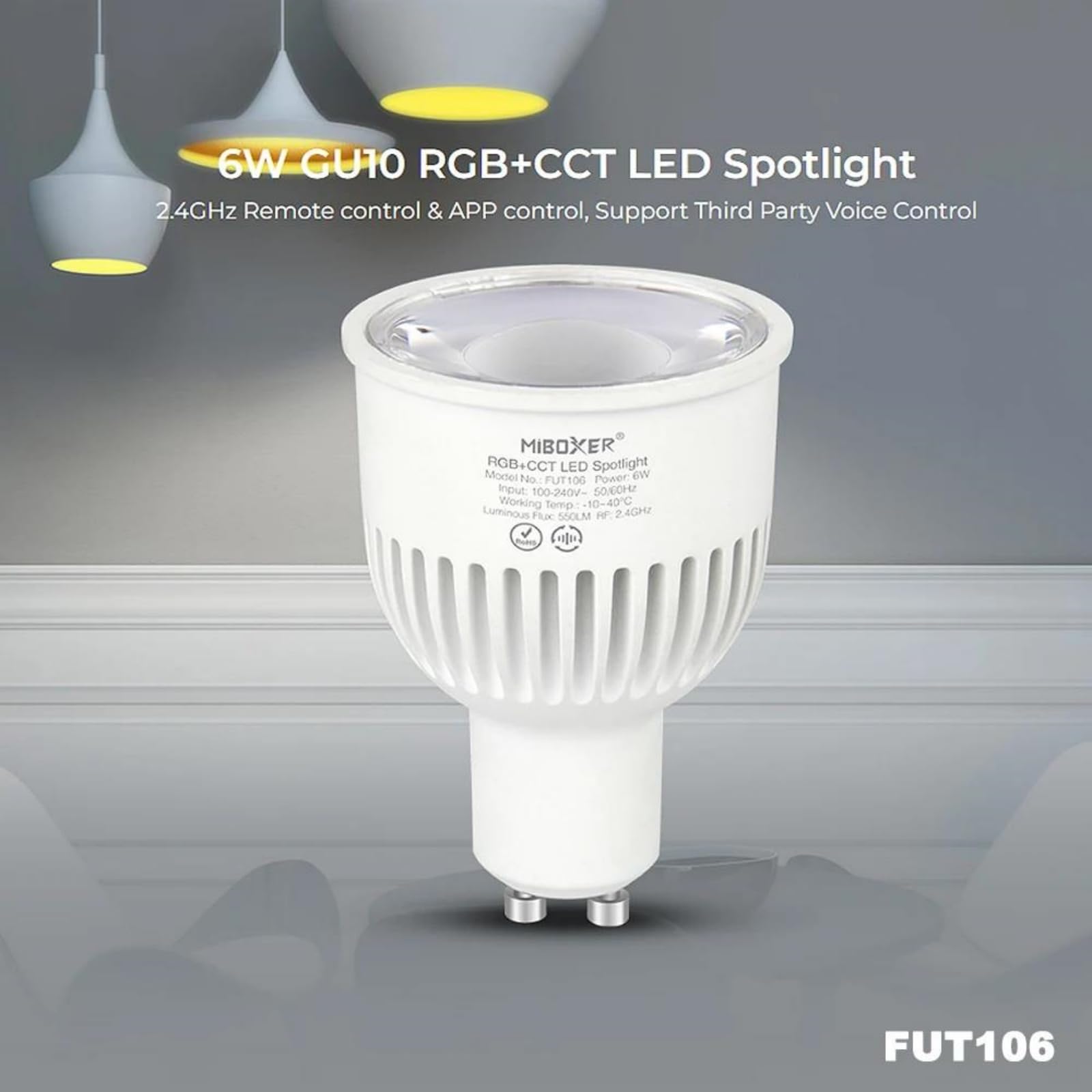 Ampoule Intelligente, FUT106 AC100-240V 6W GU10 Intelligente 2,4Ghz TUYA RGB CCT Température De Couleur/Luminosité Réglable Application Contrôle Vocal,2pcs