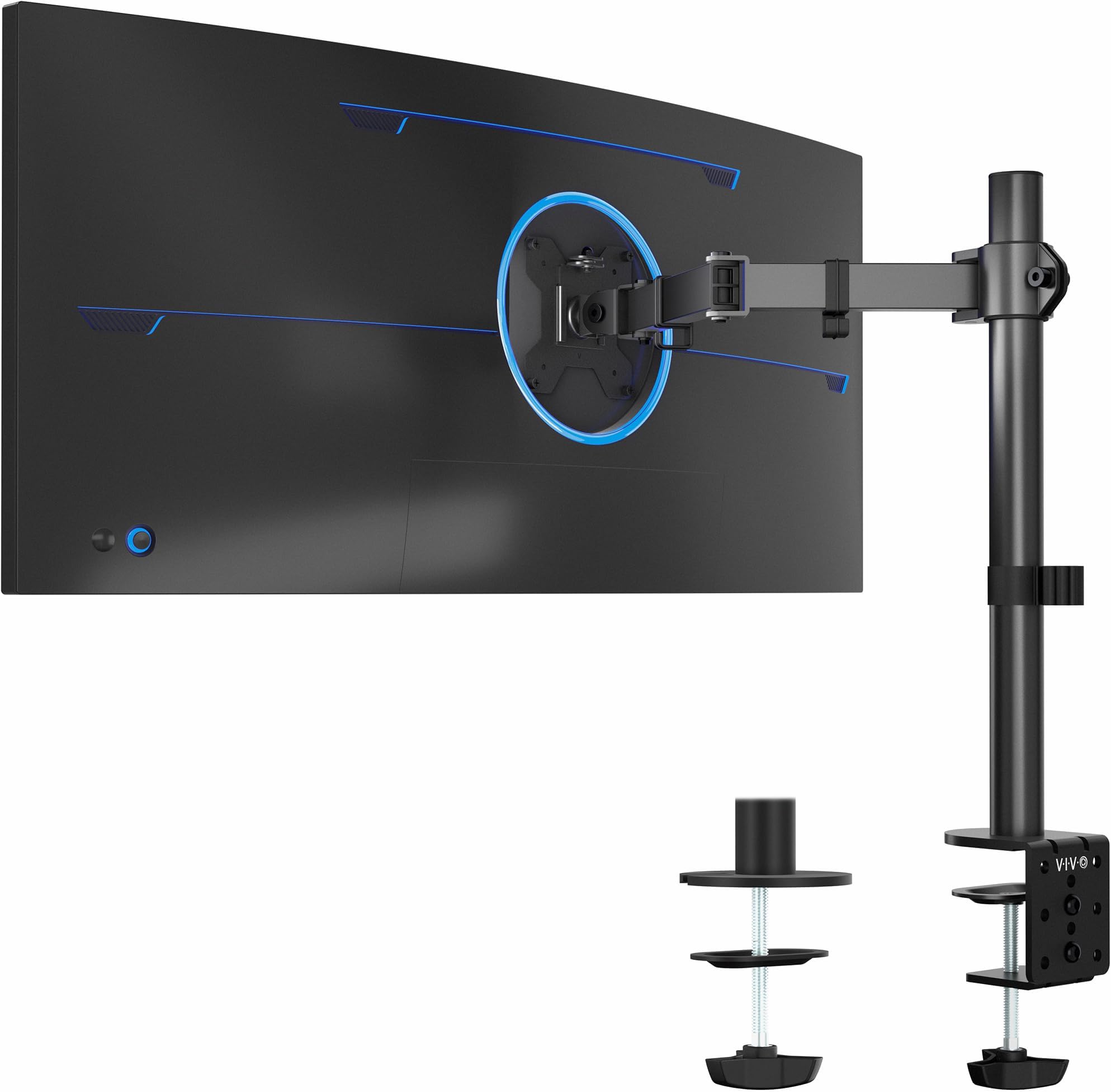 Single 13 to 38 inch Ultrawide Monitor Arm Desk Mount, Regular Screens up to 32 inches, 22 lbs capacity, Fully Adjustable Stand with C-Clamp and Grommet Base, Black, STAND-V001