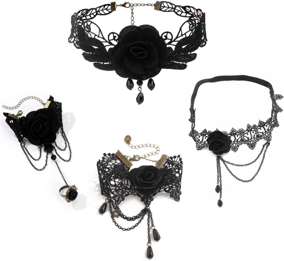 4PCS Black Roses accessories Vampire Costume Accessories with Gothic choker necklace bracelet thigh chain anklet for women