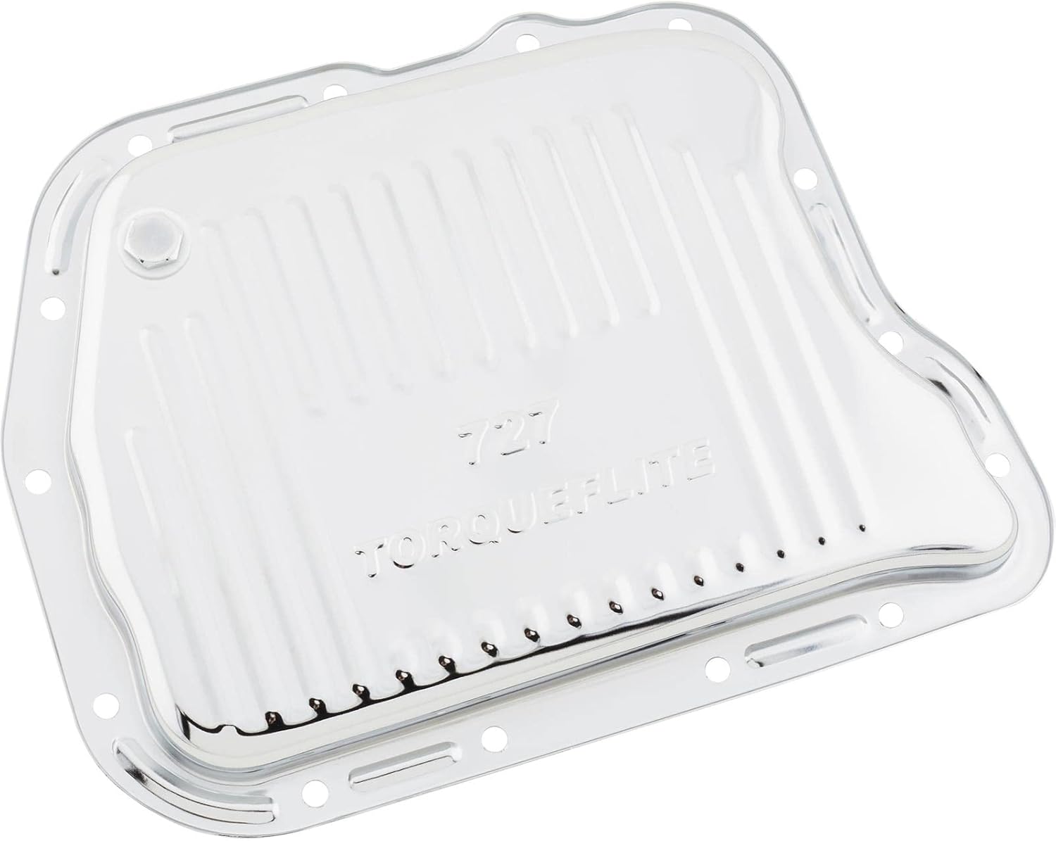 Speedway Motors 727 Torqueflite Steel Transmission Pan with Ribbed Design for Improved Fluid Cooling Includes Chrome Finish and Drain Plug for Easy Service and Stock Capacity