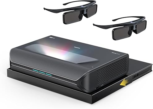 NexiGo Aurora Pro MKII with Official AS200 Motorized Sliding Tray and 3D Glasses, 4K Tri-Color Laser UST Projector, Dynamic Iris & Laser Dimming, 0.211 Throw Ratio, Dolby Vision & Atmos