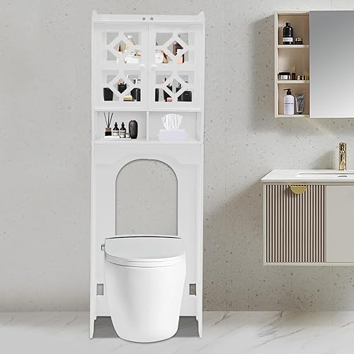 Gabinete de almacenamiento sobre el inodoro, gabinete de inodoro de 4 niveles con gabinete y puerta, estante organizador para ahorrar espacio para