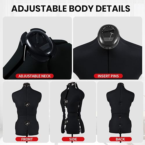 Miniatura 4 de PDM WORLDWIDE maniquí de vestido negro ajustable para costura, forma de cuerpo femenino, tallas 6-14, con 13 diales y ruedas desmontables, rango de