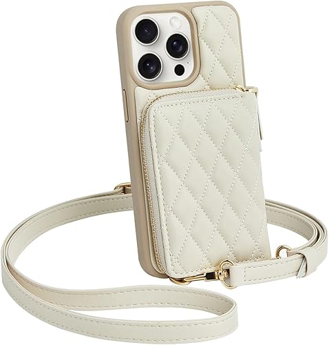 LAMEEKU Funda tipo cartera para iPhone 14 Pro Max de 6.7 pulgadas, bolso cruzado para mujer, cuero acolchado, tarjetero RFID, color beige