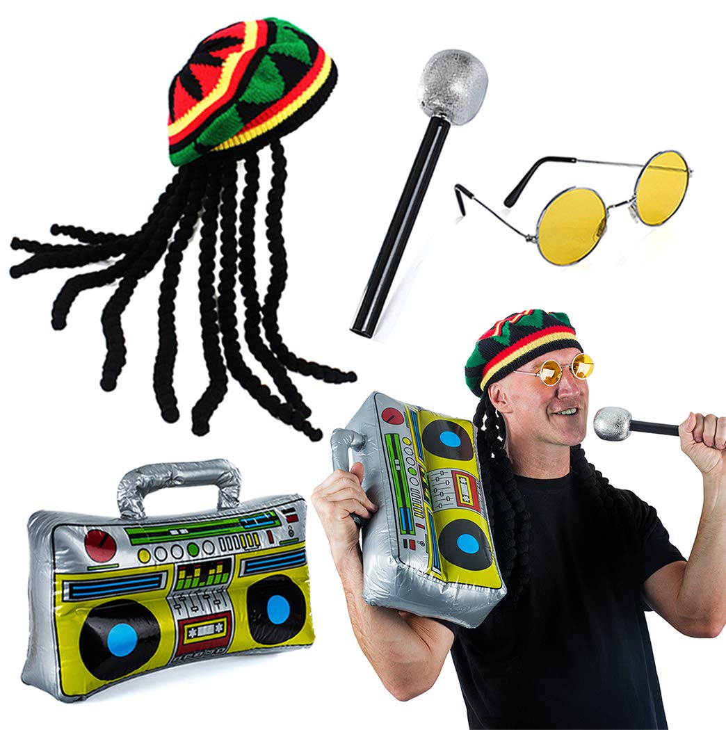 Tigerdoe Rasta Hat with Dreadlocks - 4 Pc Set - Stoner Costume - Jamaican Rasta Hat ââ‚¬â€œ Ragae Costume
