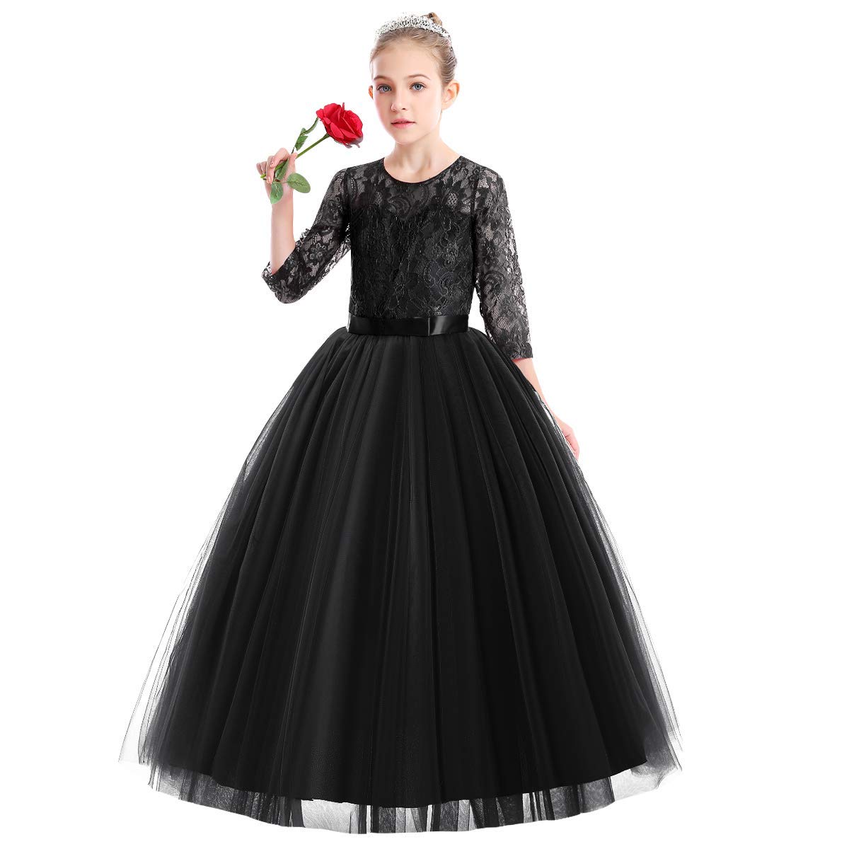 ABEHIK Vestito da principessa per ragazze con fiori in pizzo, abito da principessa, maniche a sette quarti, abito da sera floreale per bambini, in tulle festivo, maxi abito da festa