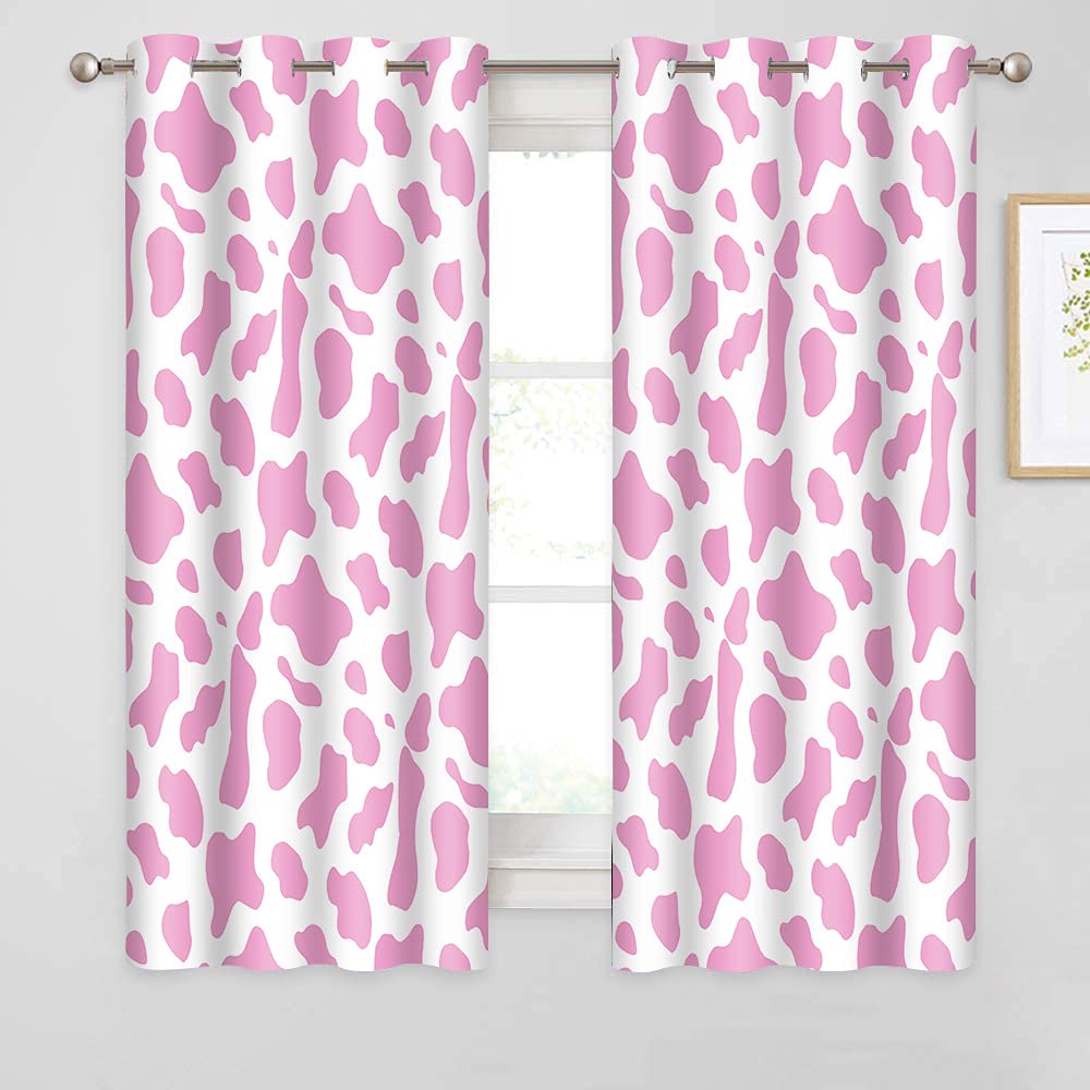 BSPPTI Pink Milk Cow Print Curtain, Farmland Animals Skin Girl Room Darkening Thermal Insulated Blackout Grommets Window Drapes for Living, Dining,