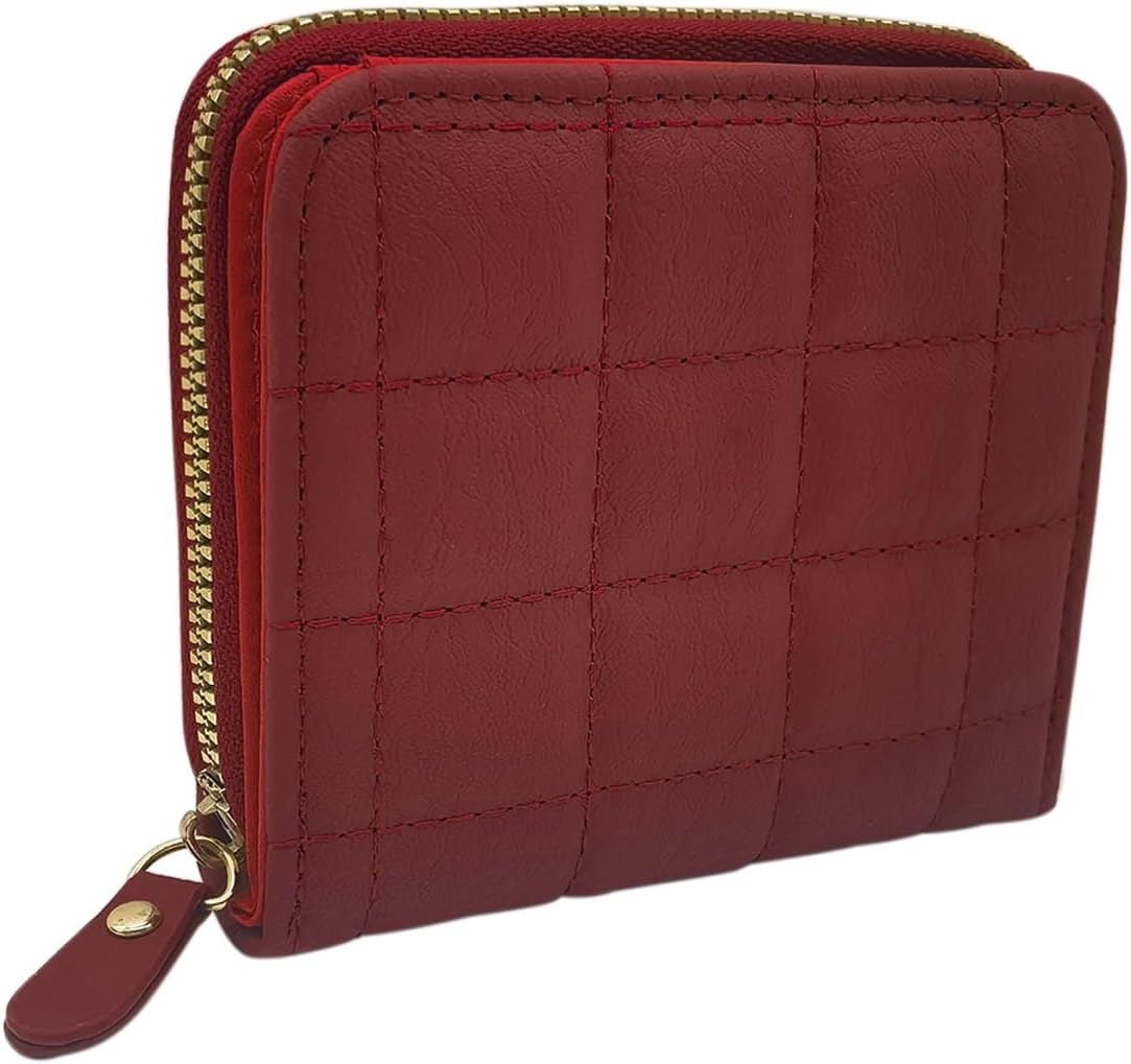 FuninCrea Ladies Purse Wallet, PU Leather Purse with Multiple Card Slots and Compartments, Lady Credit Card Holder with Zipper, Solid Color Wallet with Embroidery Pattern for Women, Girlsred