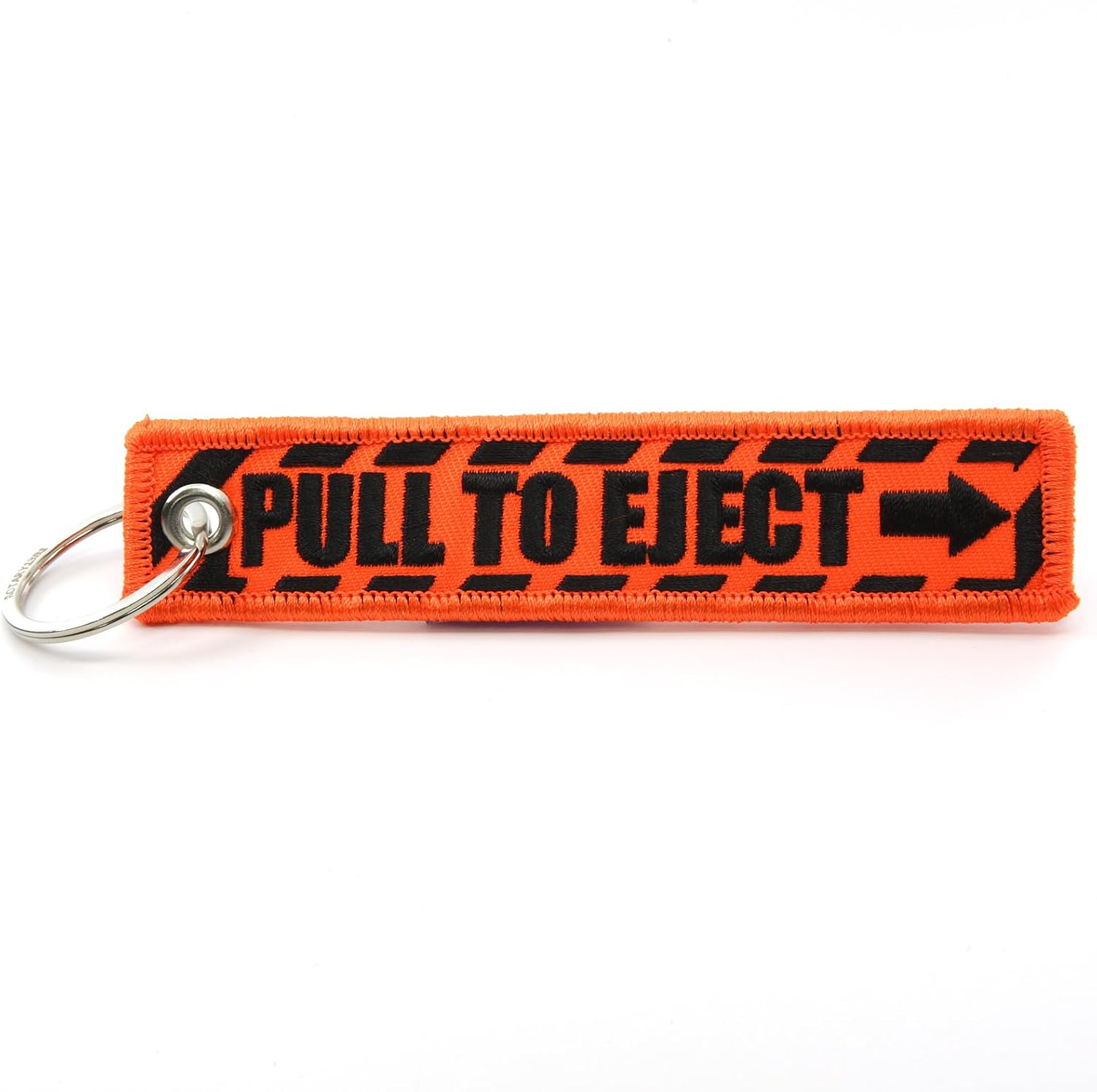 PULL TO EJECT - Jet Tag Key Chain NEON ORANGE/black Letters 1 inch x 5 inches 100% Embroidered