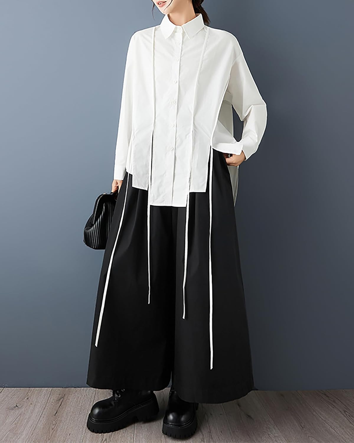 ellazhu Women's Shirt Lapel Button Down Long Sleeve Solid Irregular Hem Plus Size GZ713