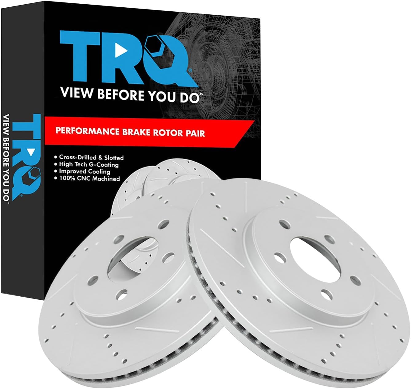 TRQ Front Performance Brake Rotors Set Premium G-Coated Cross Drilled & Slotted Compatible with 2003-2011 Ford Crown Victoria Lincoln Town Car Mercury Grand Marquis 2003-2004 Marauder