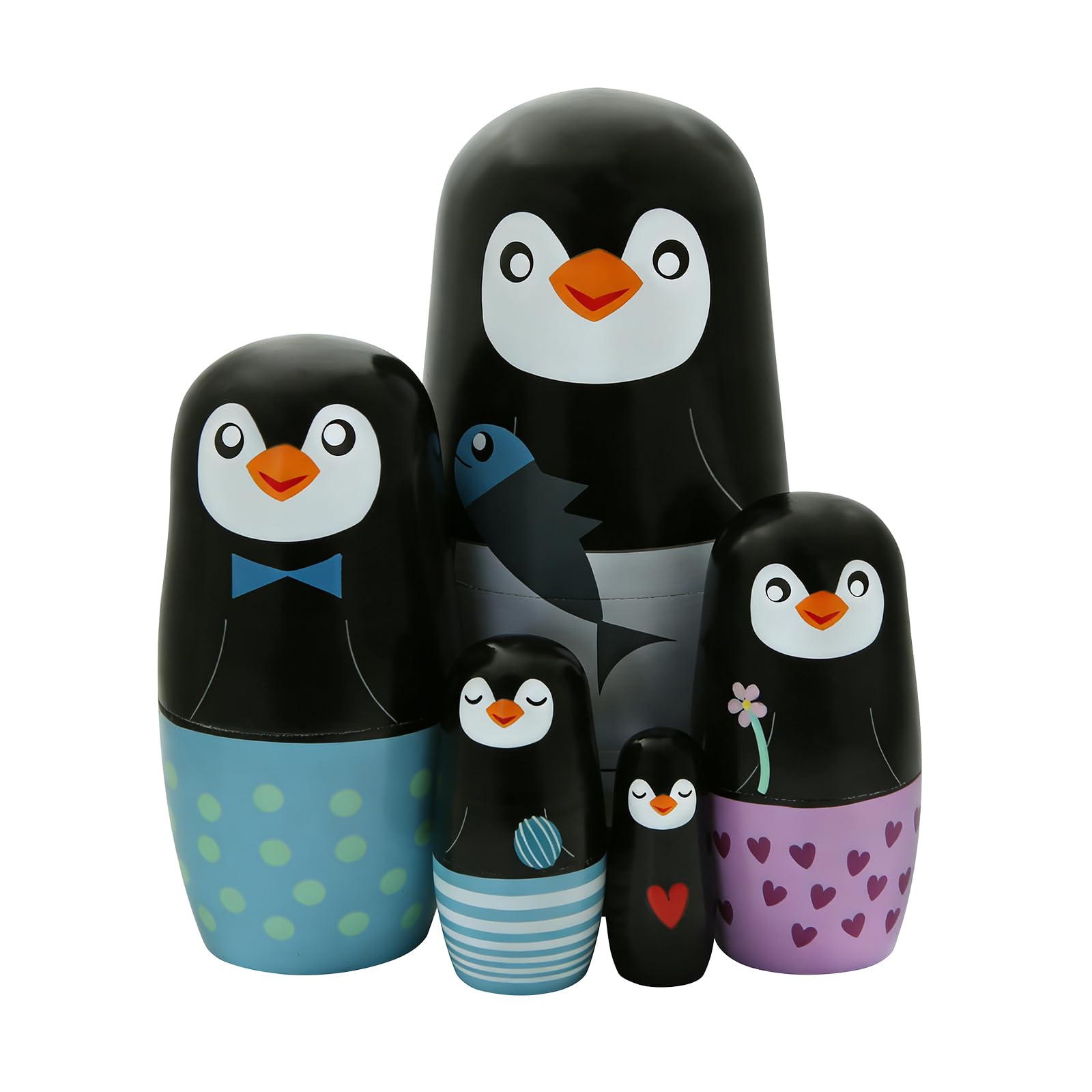 Boerni Set of 5 Animal Themed Penguin Wooden Nesting Doll,Cute Cartoon Penguin Russian Dolls Matryoshka Dolls Set Stacking Toy for Children Nursery Room Christmas Party Gift Birthday Home Décor
