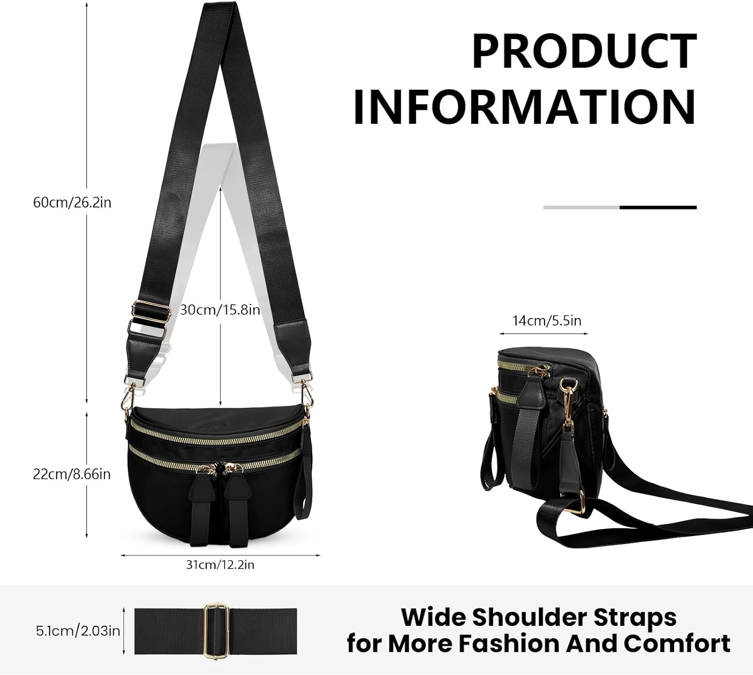 Pure Colour Bum Bags for Women Crossbody,Multi-Pocket Nylon Fanny Pack Spacious Slouchy Waist Bag Belt Bag (BLACK) - Image 3