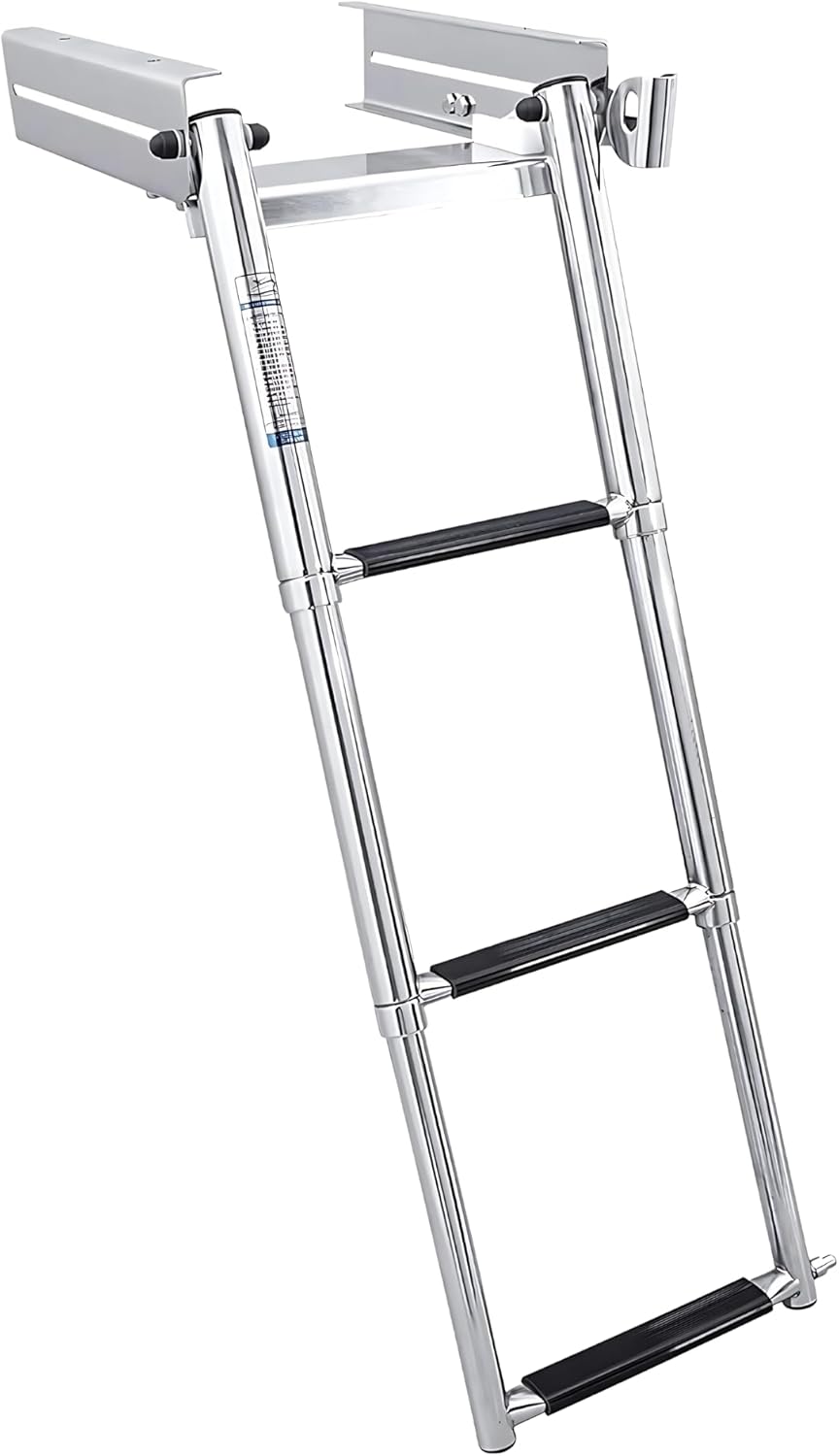 White Water - 3 Step Under Platform Boat Quick Release Telescoping Ladder | Marine Grade 316 Stainless Steel Foldable Boarding Access for Swim Platforms Powerboats Docks Sailboats | B00301USL-316