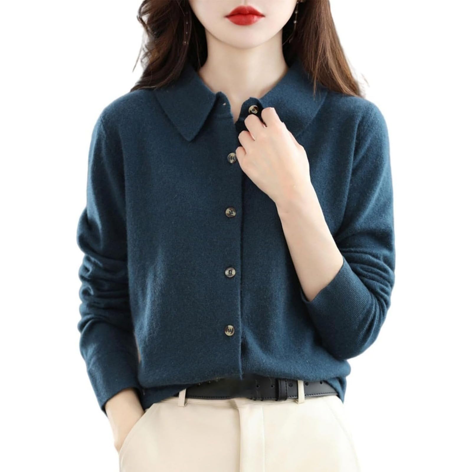 Women s Solid Color Wool Cardigan Soft Merino Wool Long Sleeve Button Front Sweater Lightweight for Fall and