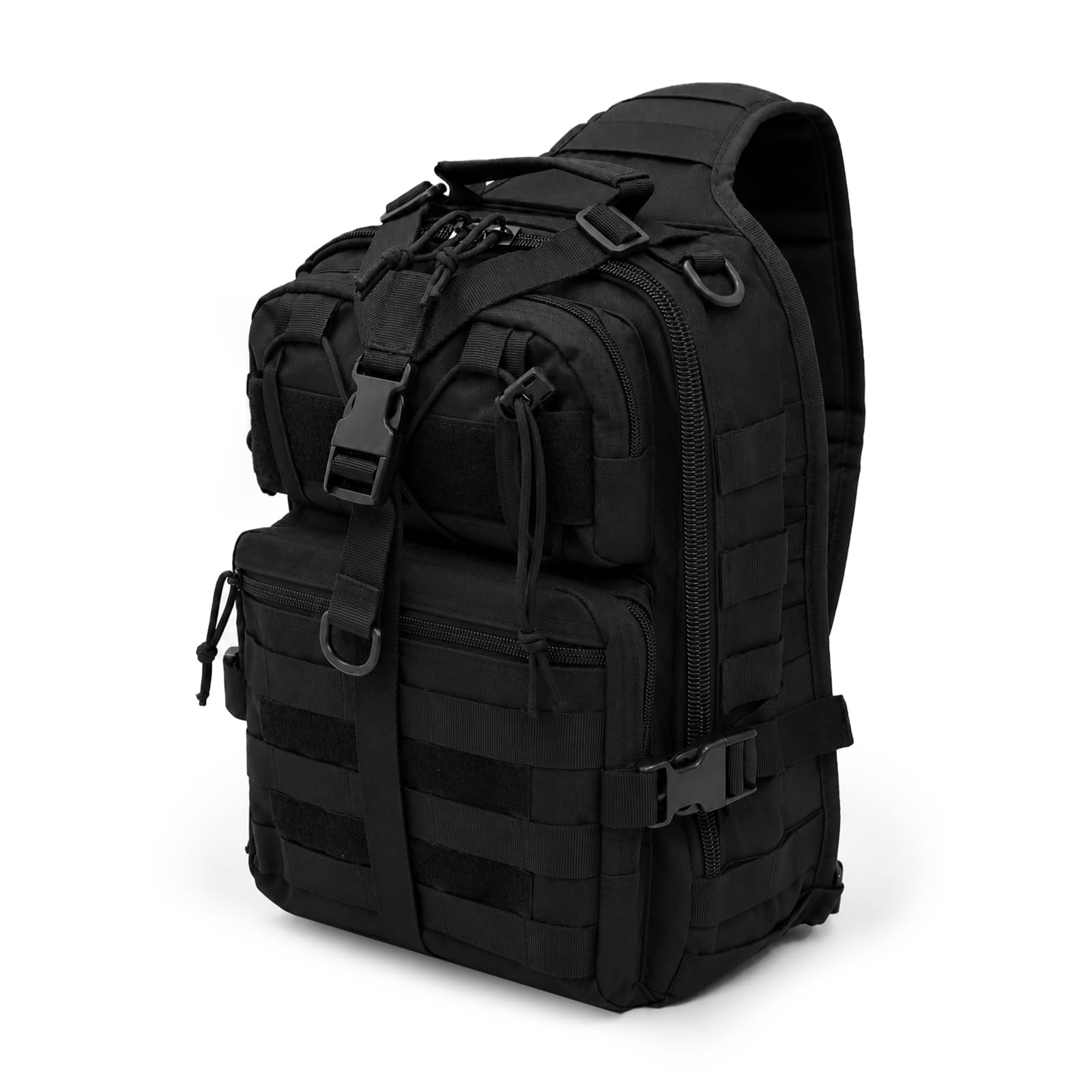 Black Tactical Sling Bag Pack, Multi Pockets & Molle Webbing
