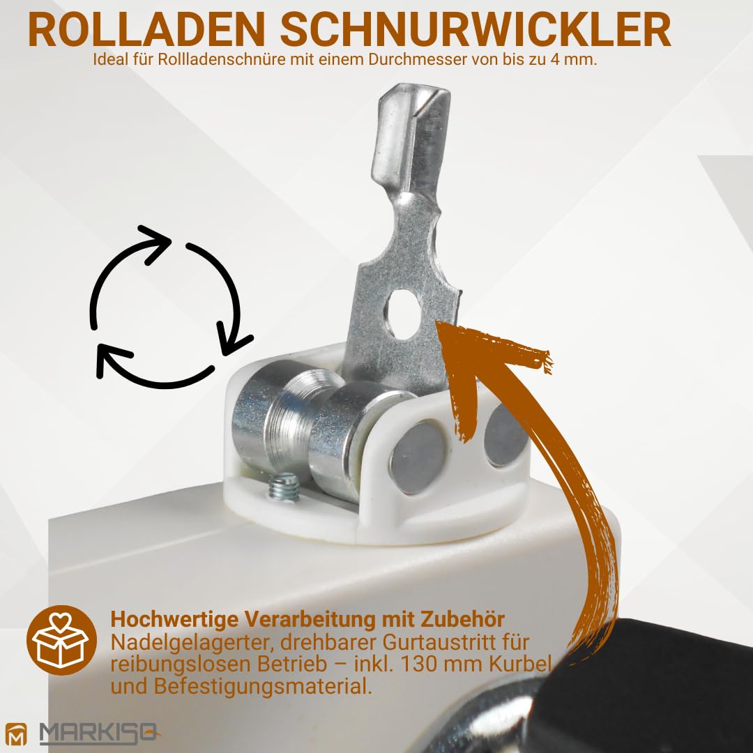 markiso® Getriebewickler mit Kurbel [Made in Germany] Rolladen Schnurwickler für Schnüre bis 4 mm Ø und 5 m Länge, langlebig, leicht zu montieren, inkl. Kurbel & Befestigungsmaterial