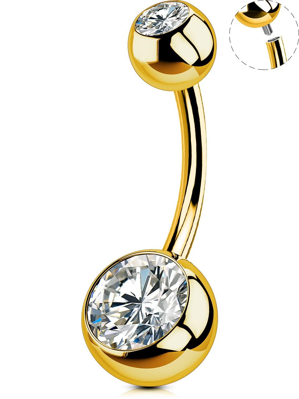 OUFER Piercing para ombligo (14 g, titanio, ombligo, bolas largas, internally Threaded, doble gema, joyas para mujer, hombre, 10, 12, 14, 16 mm)