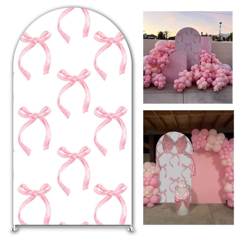 Aerdce Hand Painted Watercolor Ribbon Arch Backdrop Cover Pink Bow Stretchy Arched Stands Covers Ballerina Princess Girls Sweet 16 Party Decoration(