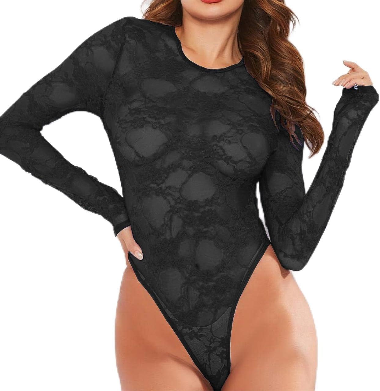 Women’s Lace Bodysuit Long Sleeve Sheer Tops High Cut Waist Body Suits Mock Neck Lingerie Button Crotch Shirt Outfit - Image 9