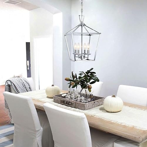 Miniatura 5 de Untrammelife Lámpara colgante de 4 luces cromadas moderna colgante con cadena ajustable, jaula de metal, lámpara geométrica regulable para cocina,