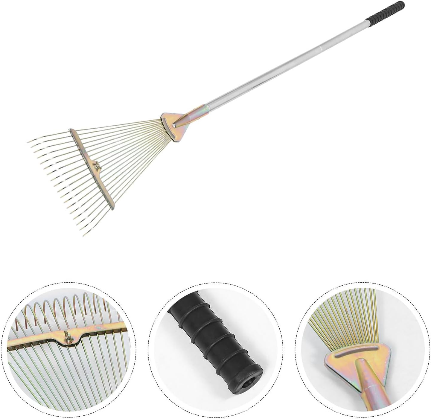 POPETPOP Heavy Duty Stainless Steel Garden Rake with 18 Tines Expandable Head for Lawn Leaf Cleanup and Yard Debris Gardening Tool