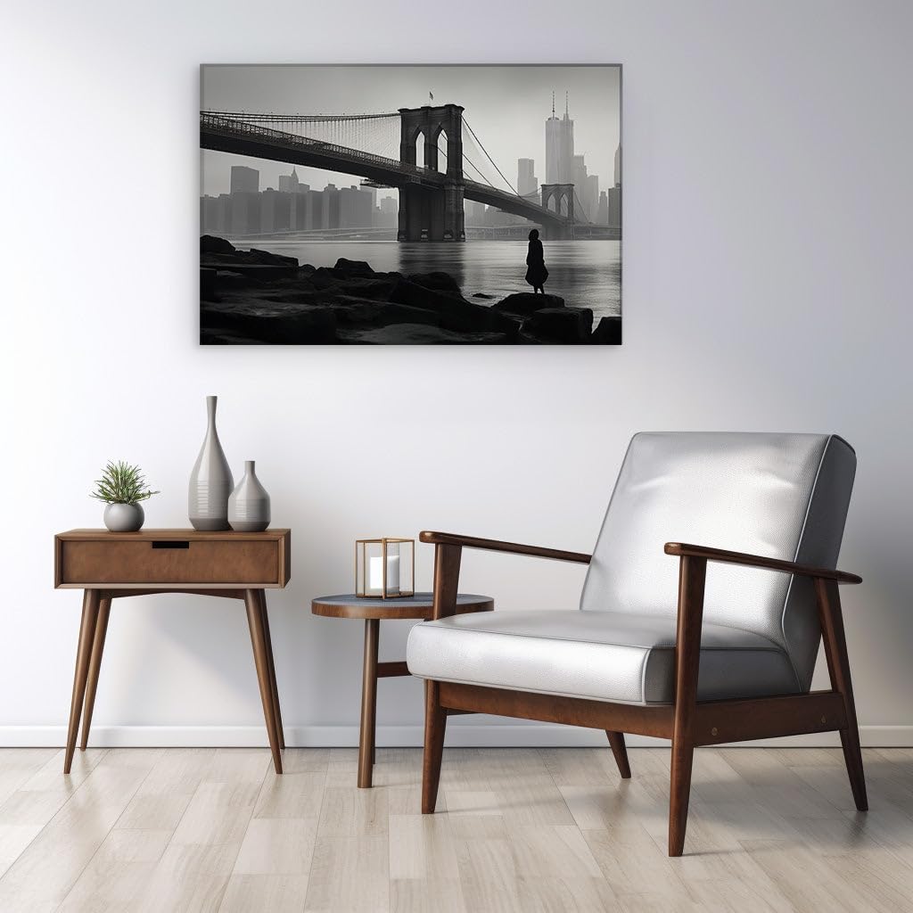Canvas for Living room. Solitude in Silhouette: The Lone Observer and the Brooklyn Bridge Panorama, 27 x 18 inch Canvas Wall Art - Ready to Hang