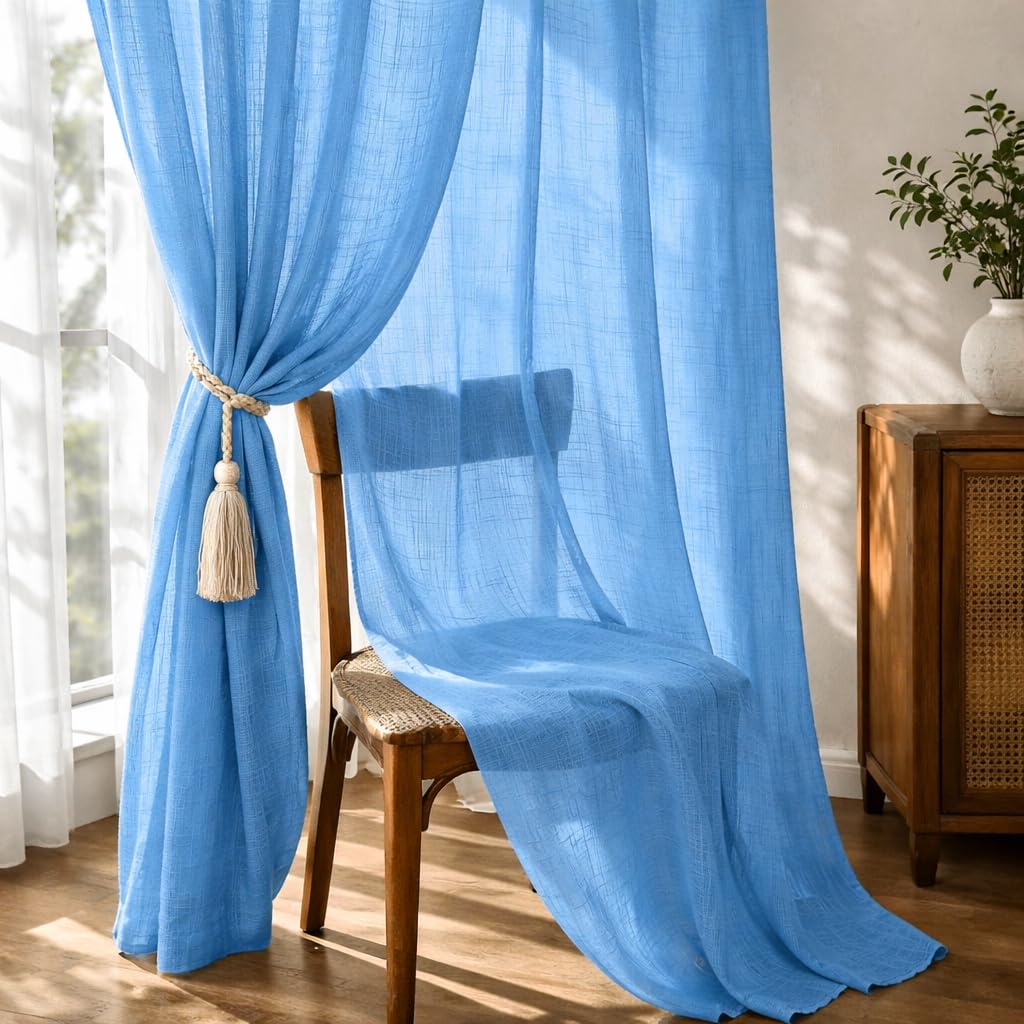 THE LINEN COMPANY Cotton Sheer Curtains – Linen Textured 10 Feet Long Door Curtains with Rod Pocket, Light Filtering Drapes for Living Room, Office & Bedroom, 120 Inches, Carolina Blue, Set of 2 Pcs