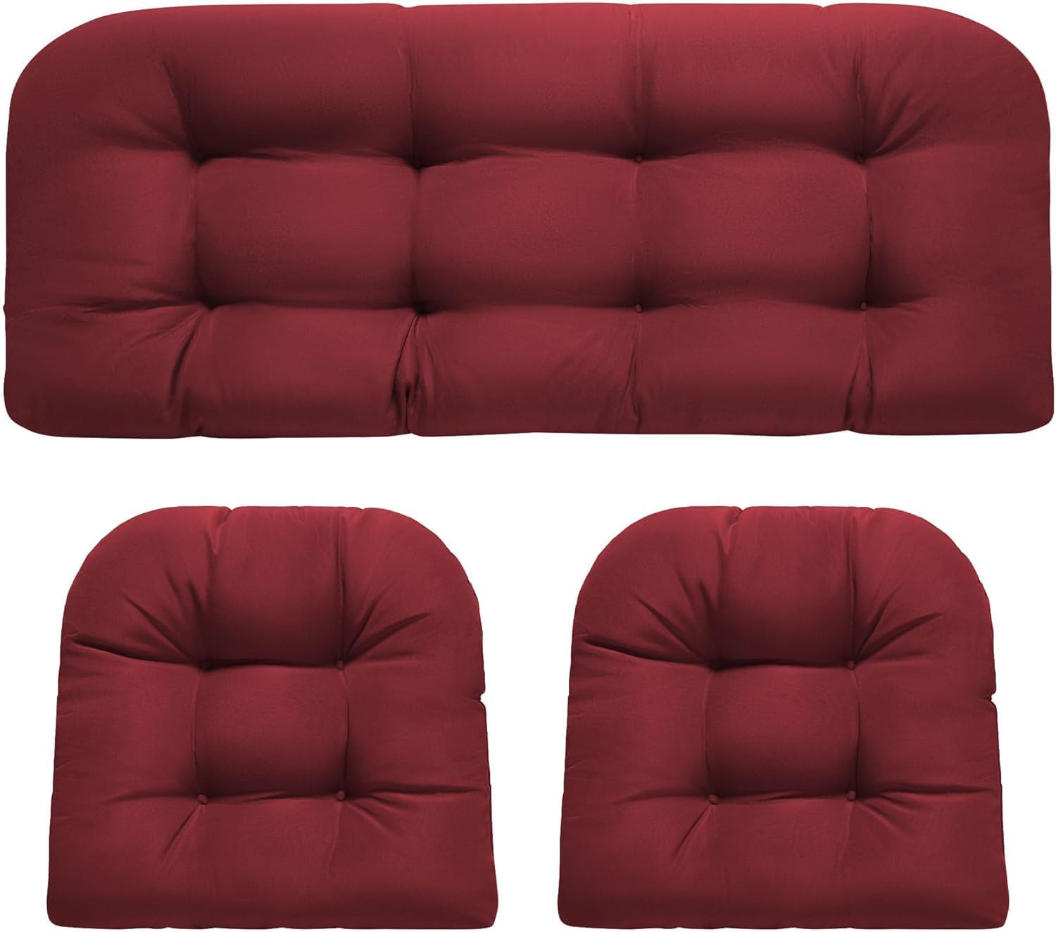 3 Pieces Replacement Garden Chair Cushion Set for Rattan Chair, All Weather Waterproof Wicker Bench Cushions Thickened Garden Outdoor Furniture Cushions 1 Loveseat & 2 U-Shaped Rattan Cushions, Red