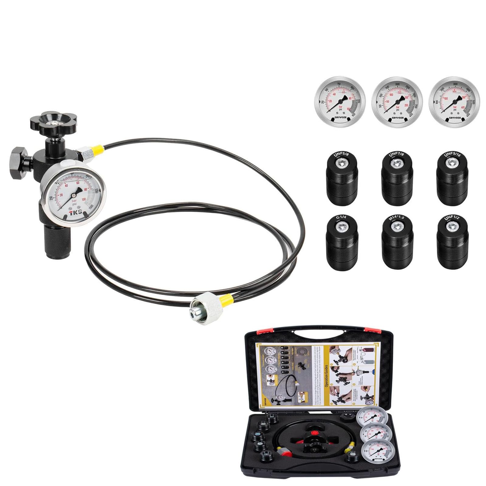 Kit de llenado de nitrógeno, Kit de Carga de acumulador hidráulico de nitrógeno, Sistema de Prueba de presión, Herramientas de Carga de Gas con 7 s, 3 manómetros, 1 Manguera de Gas