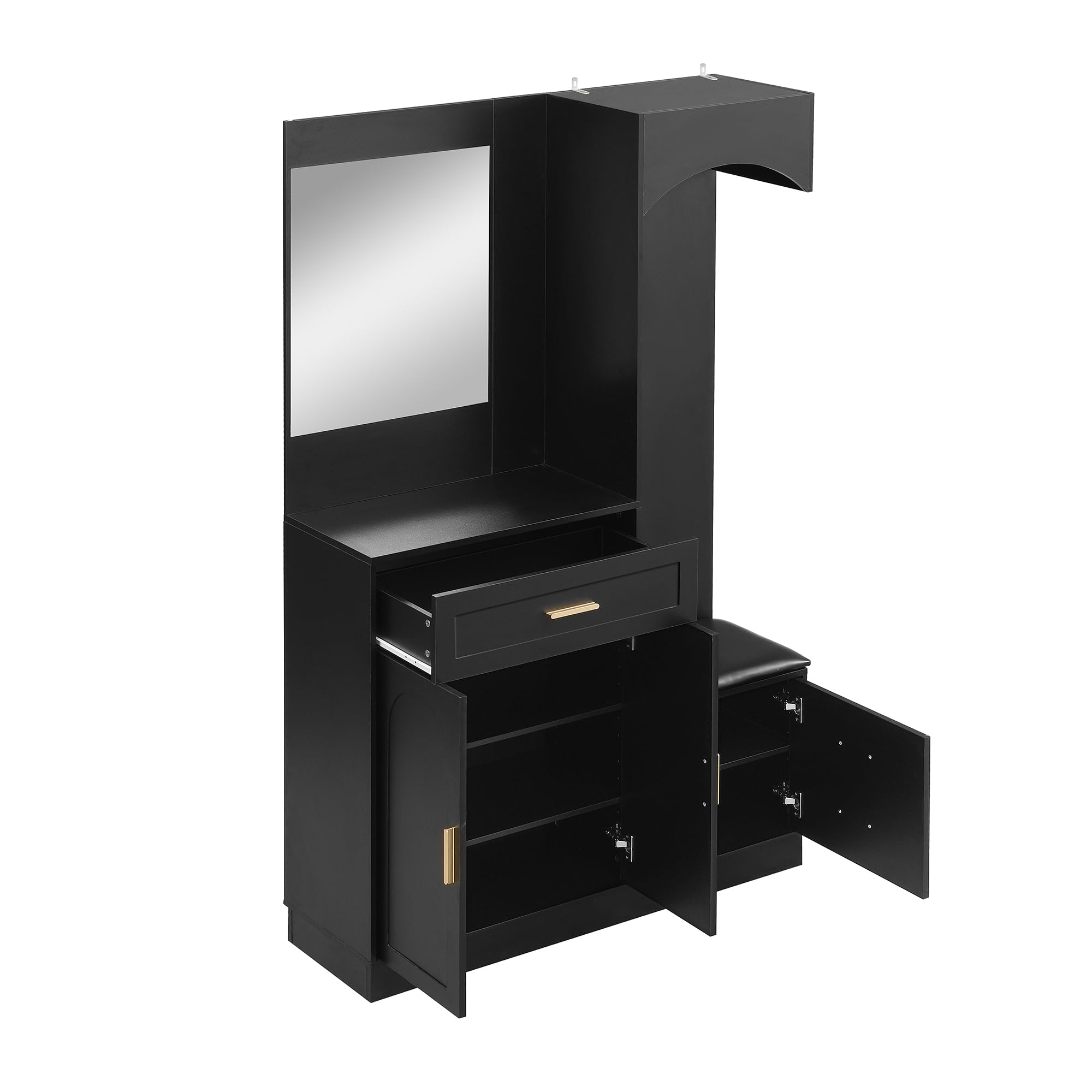 Armario con zapatero y espejo, negro, MDF, 110 x 33 x 185,5 cm, multifuncional, moderno, 51,8 kg