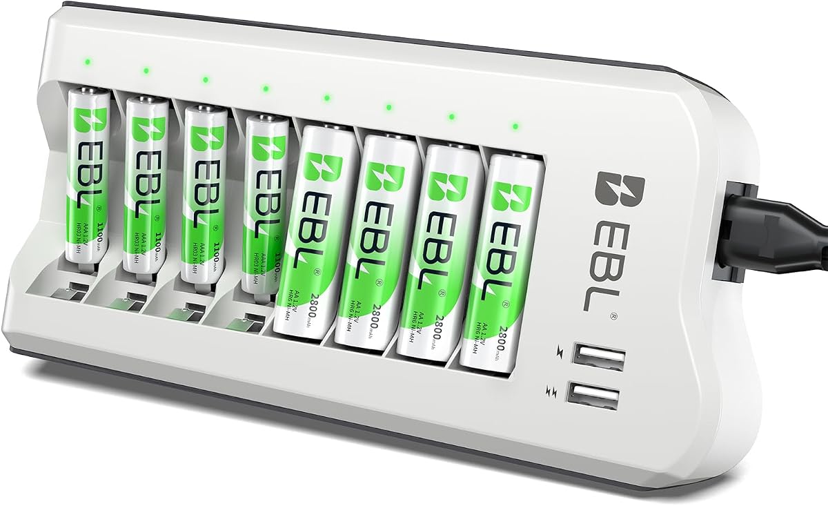 EBL AA AAA Battery Charger, 4 AA 2800mAh & 4 AAA 1100mAh NiMH, 2 USB Ports | Complete AA/AAA kit with 2 USB ports - charge your phone while 8 batteries recharge for remotes, flashlights and cameras
