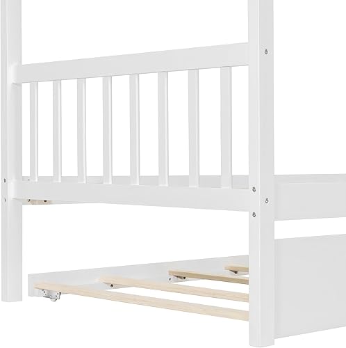 Miniatura 75 de Cama individual de casa con nido para niños, cama individual de madera con techo, marco de cama de plataforma de tamaño individual, cama con dosel