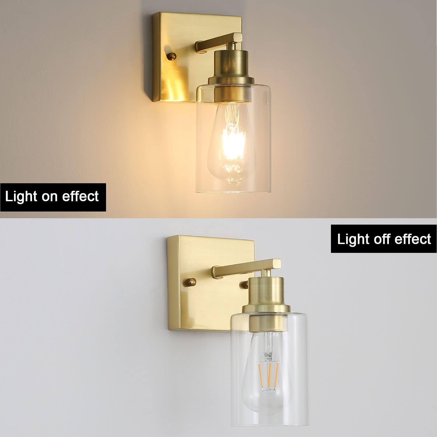 1-Lights Gold Bathroom Light Fixture, Brushed Brass Vanity Light with Clear Glass Shade, Modern Bath Wall Lights for Living Room, Hallway, Bedroom
