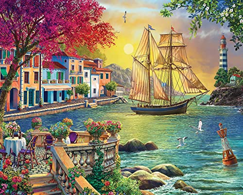 Springbok - Oceanside Sunset - 1000 Piece Jigsaw Puzzle Illustration of Villa on Waters Edge with Ship Sailing in