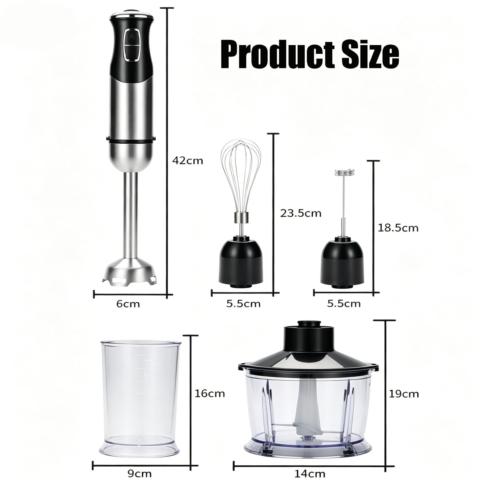 Frullatore a immersione elettrico 5 in 1 con tritatutto, frusta, misurino da 600 ml e montalatte per zuppe, alimenti per bambini, frullati