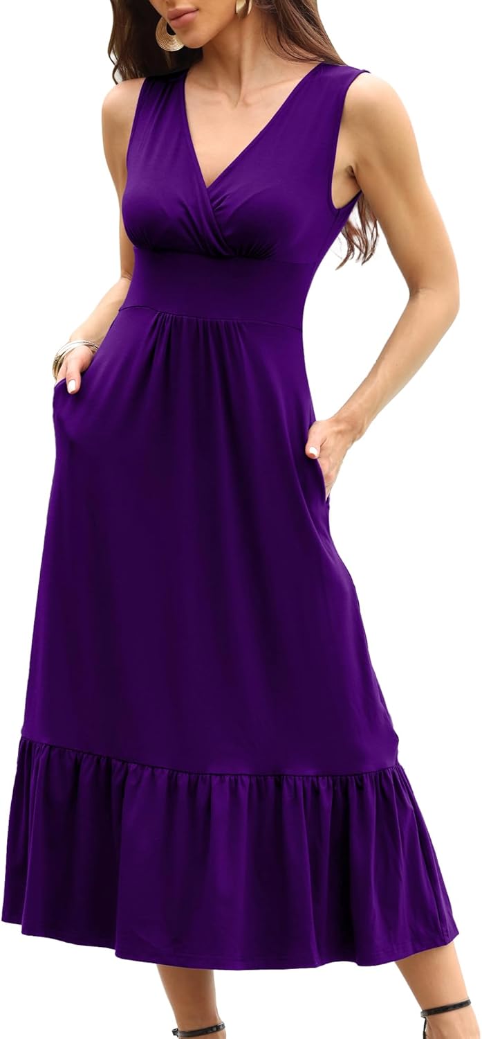 Womens Summer V Neck Dress Empire Waist Maxi Wedding Guest Cocktail Dresses Ruffle Hem A-Line Flowy Long Formal Outfits - Image 7