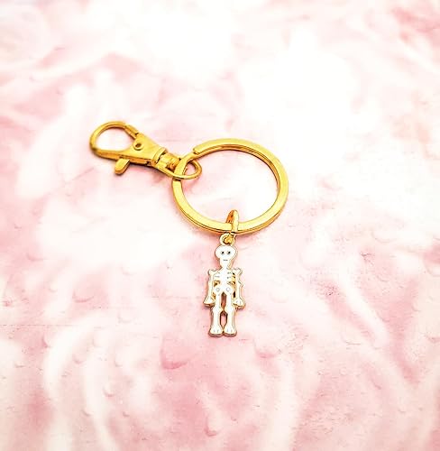 Miniatura 2 de White Skeleton Keychain or Zipper Pull, White Skeleton Keyring, Optional Initial and Birthstone, White Skeleton with Gold Base (2. Skeleton Keychain)