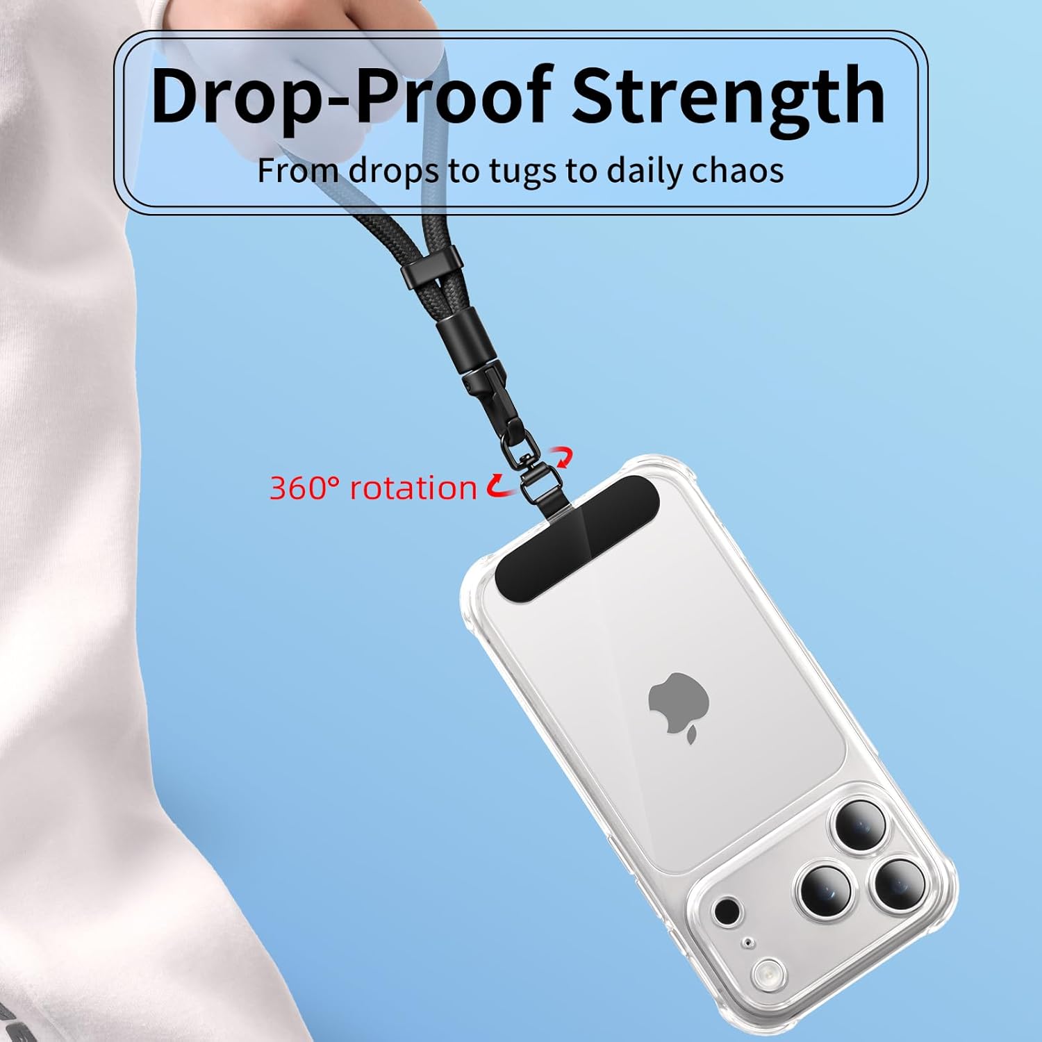 360° Rotating Phone Tether Tab & Lanyard Connector, 44lbs Stainless Steel Phone Clip, Universal Swivel Adapter for Straps, No-Adhesive Case Insert (Rose Gold+Black) - Image 7