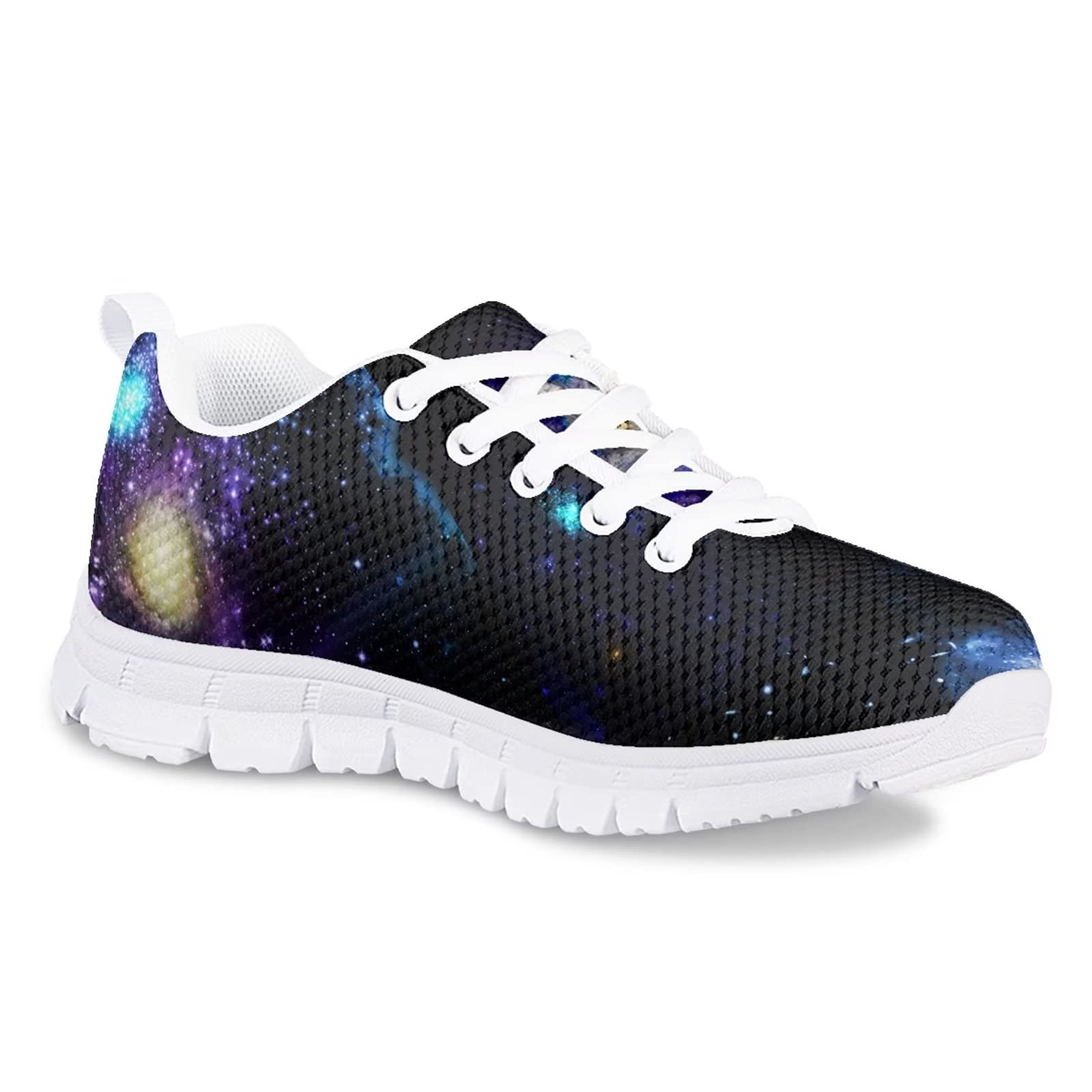 Zapatillas de deporte para niñas Comfort Mesh Transpirable con cordones Zapatos de suela blanca, Lobo de noche estrellada galaxia, 33 EU